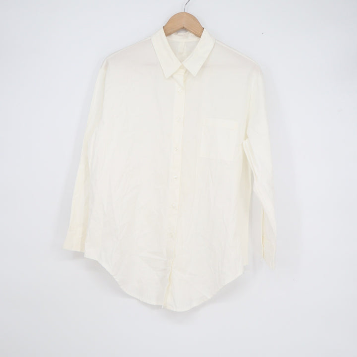 White Tie Back Button Down Shirt Long Sleeve Collared Blouse Chest Pocket