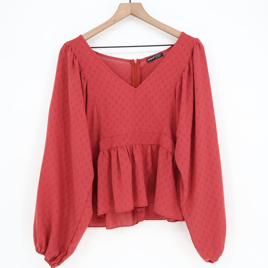 SHEIN Rust Red Diamond Textured V-Neck Bishop Sleeve Peplum Blouse Top Size L