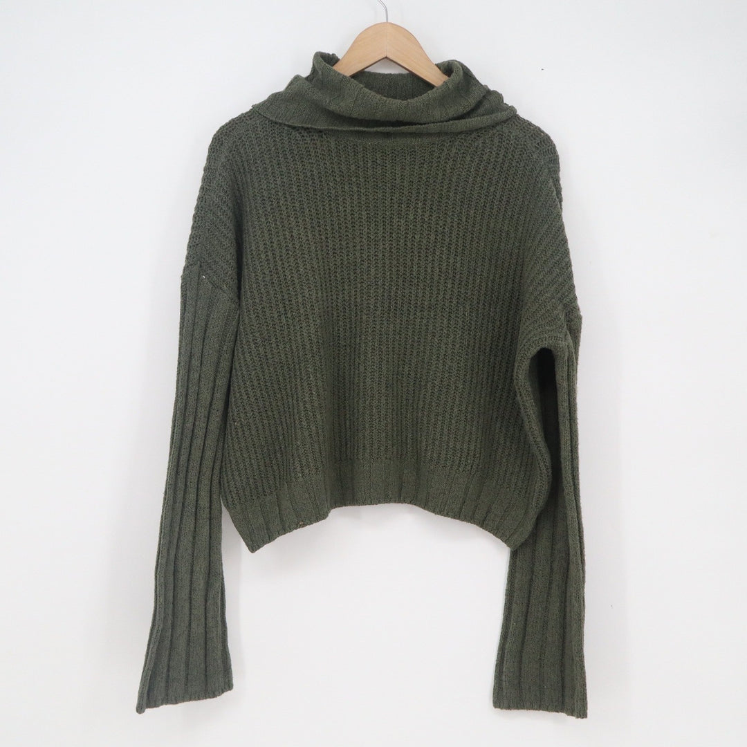 SO Womens Olive Green Cowl Neck Cropped Ribbed Knit Sweater Large