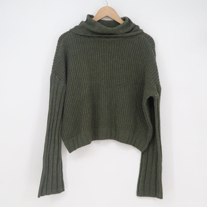 SO Womens Olive Green Cowl Neck Cropped Ribbed Knit Sweater Large