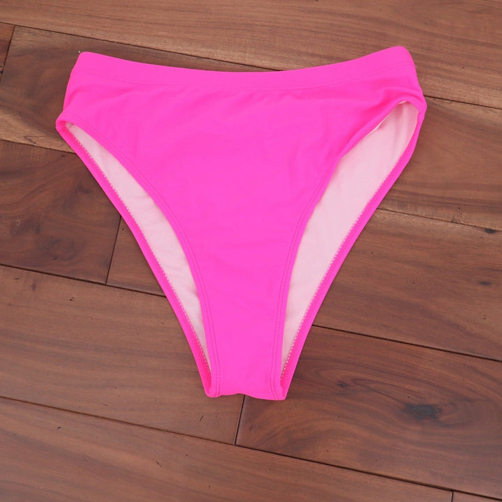 Neon Pink High Cut Bikini Bottoms High Waisted Swim Briefs Large Solid Pink
