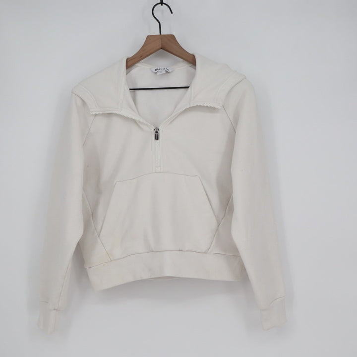 Athleta Crop Hoodie Womens S White Fleece Raglan Sleeve 1/2 Zip Kangaroo Pocket