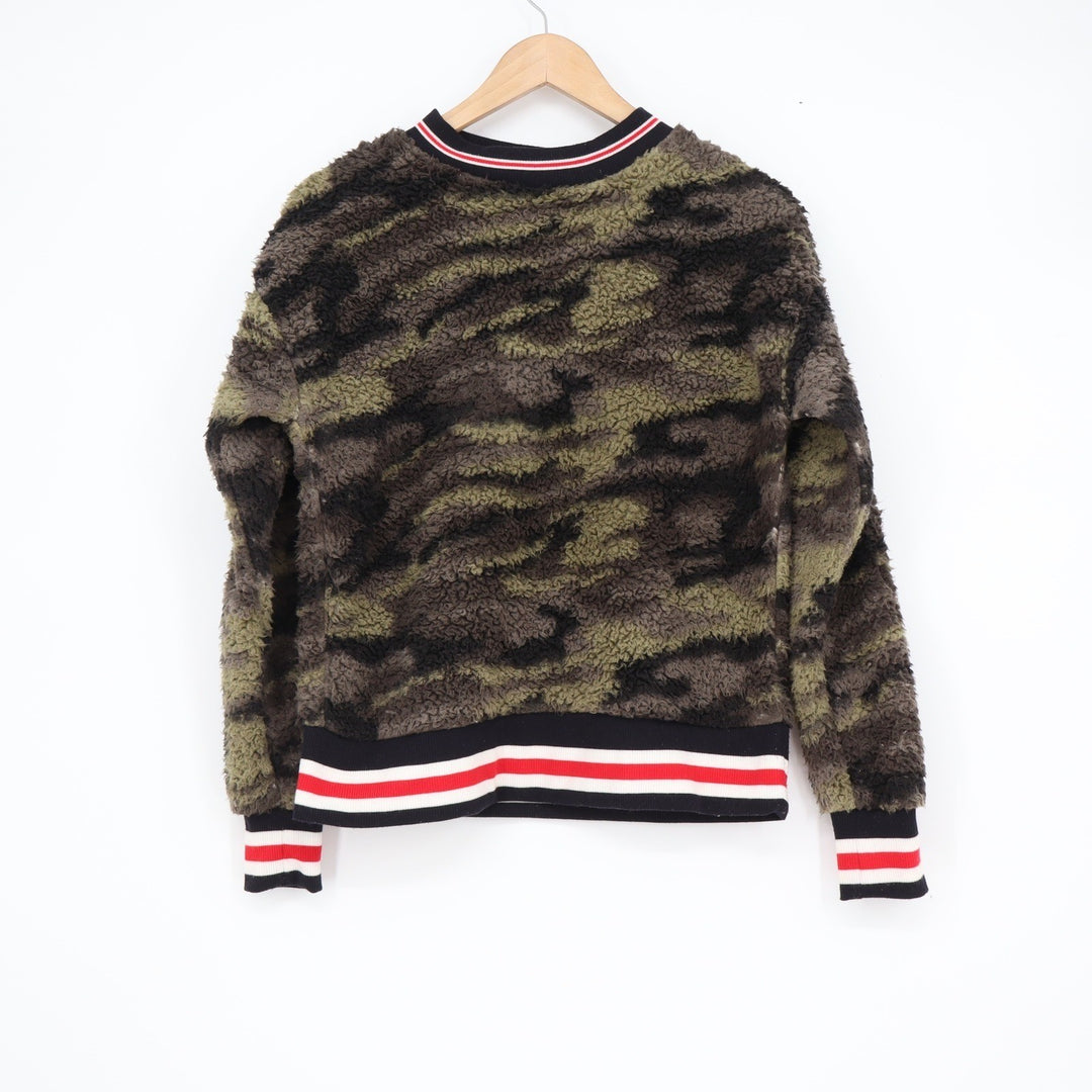Derek Heart Camo Sherpa Fleece Pullover Sweater Green Brown Striped Trim Medium