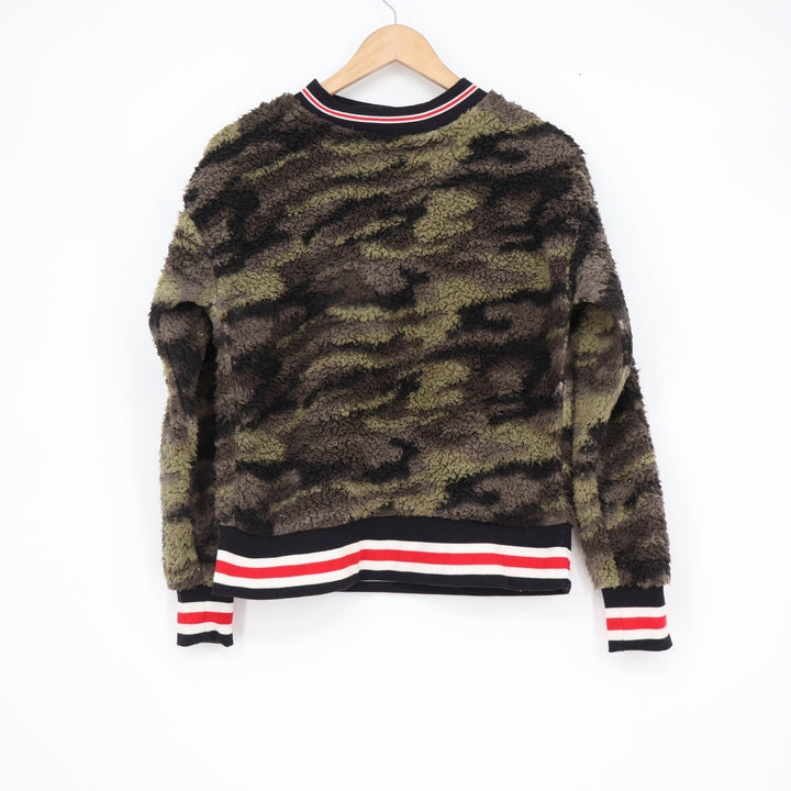 Derek Heart Camo Sherpa Fleece Pullover Sweater Green Brown Striped Trim Medium