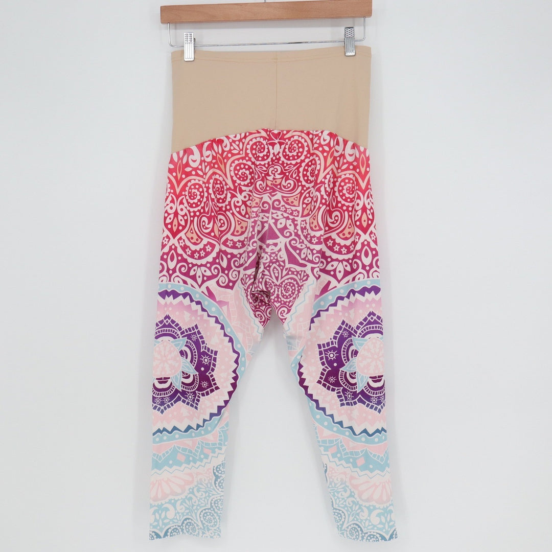 Maternity Crop Leggings Pink Purple Mandala Boho Over Belly Yoga Pants
