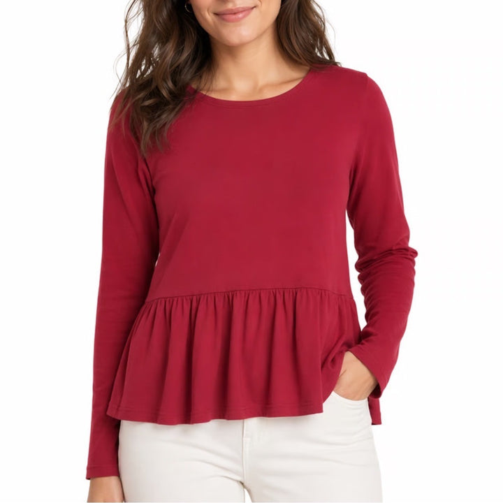 Old Navy T Shirt Women Medium Maroon Ruffled Hem Round Neck Long Sleeve Pullover