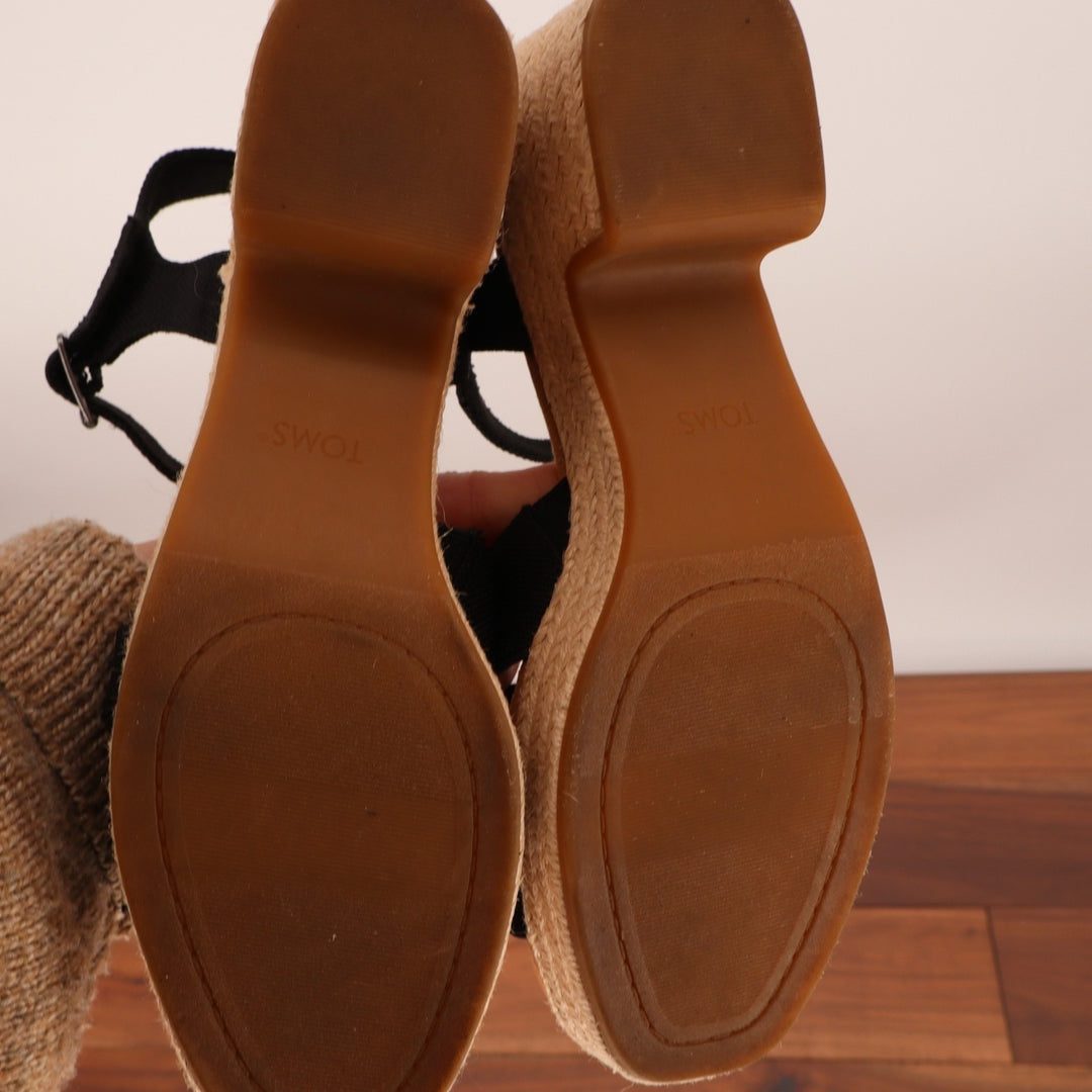 Toms Kiki Strappy Womens US 9 Black Ankle Strap Block Heel Espadrille Sandals