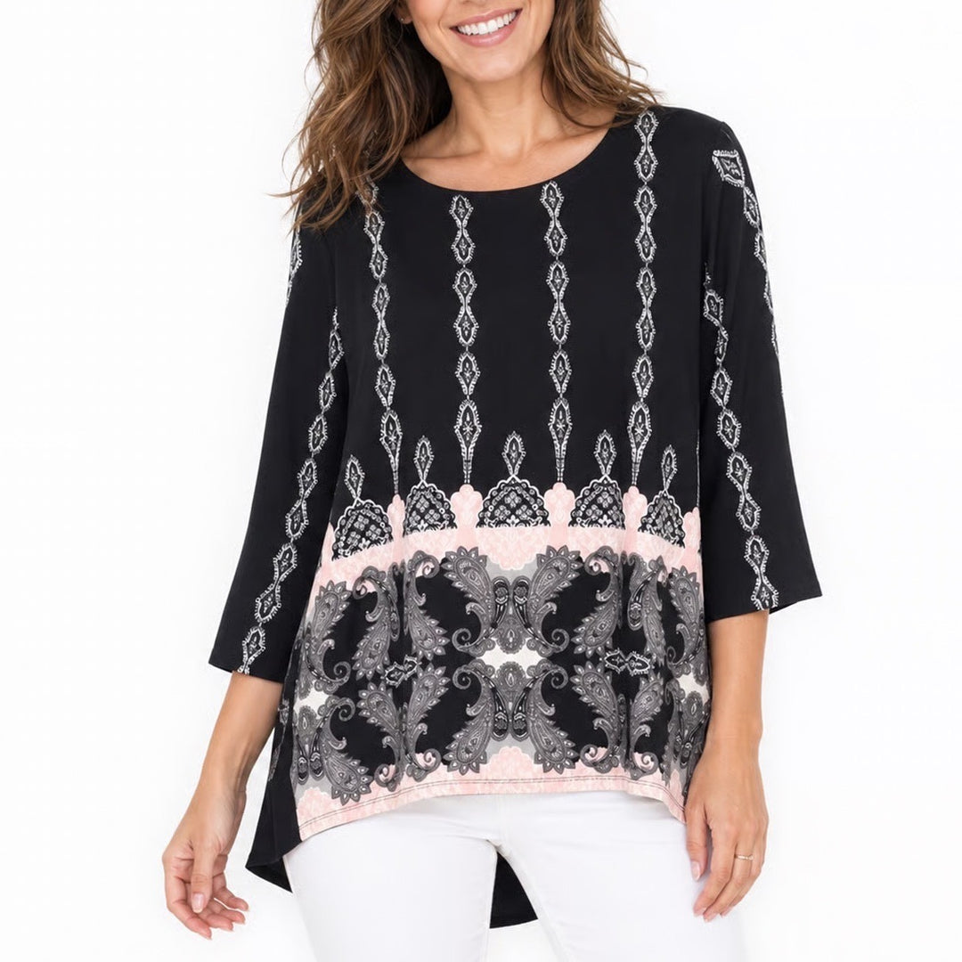 Roz & Ali Womens XL Black Paisley Border Print 3/4 Sleeve High Low Blouse Top