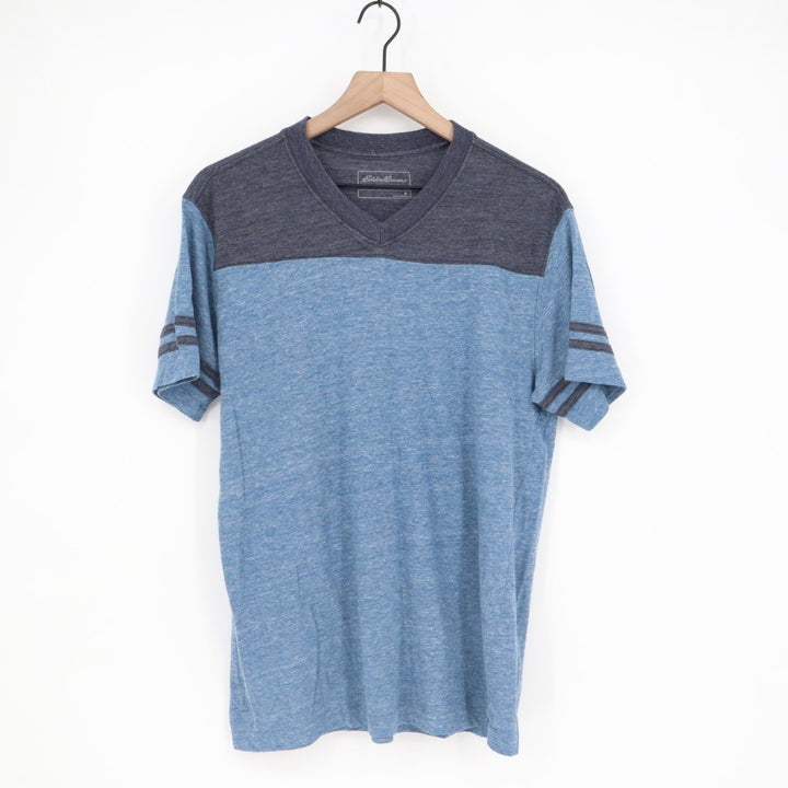 Eddie Bauer Mens V Neck Color Block T Shirt Blue Gray Stripes Size M