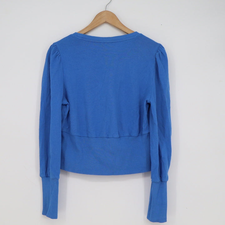 ME+EM Blue Puff Sleeve Cotton Sweatshirt US 10 Crew Neck Ribbed Hem