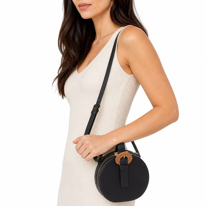 Francesca's Urban Expressions Round Cante Black Crossbody Bag Woven Buckle NEW