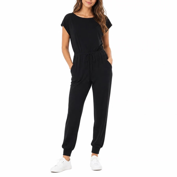 PrettyGarden Black Short Sleeve Drawstring Waist Jogger Jumpsuit 7024 Small