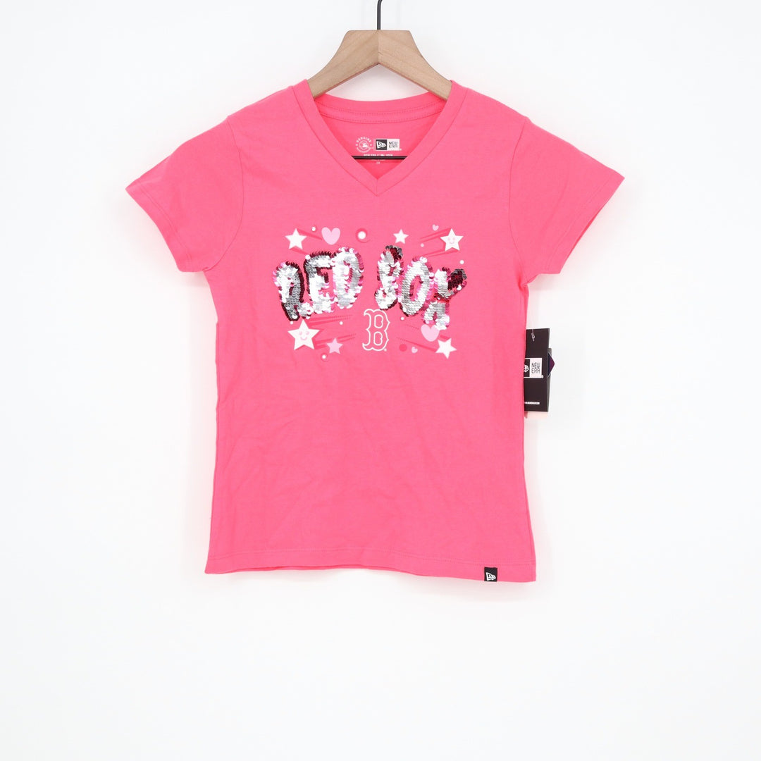 New Era Boston Red Sox Girls Pink Sequin V-Neck T-Shirt Size 7/8 NWT 823AA42