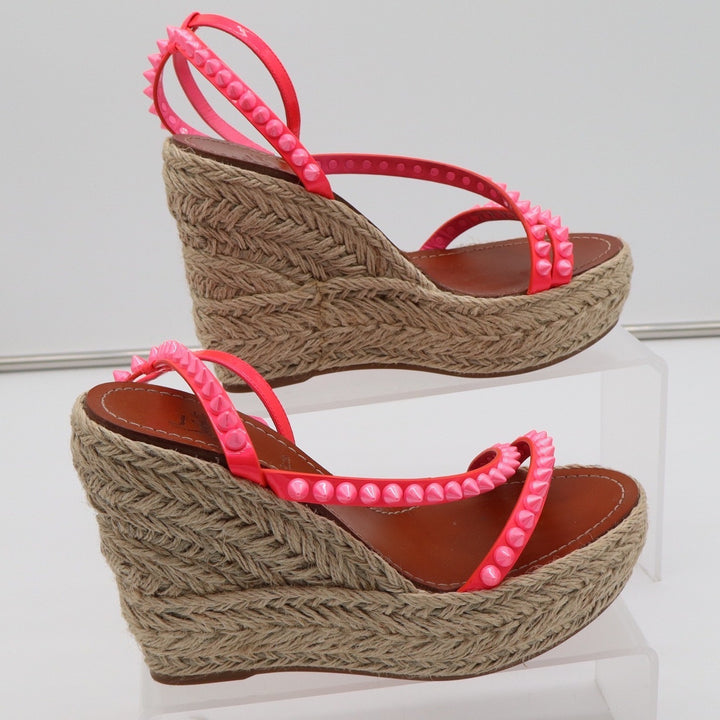 Christian Louboutin Neon Pink Studded Espadrille Wedge Sandals 38