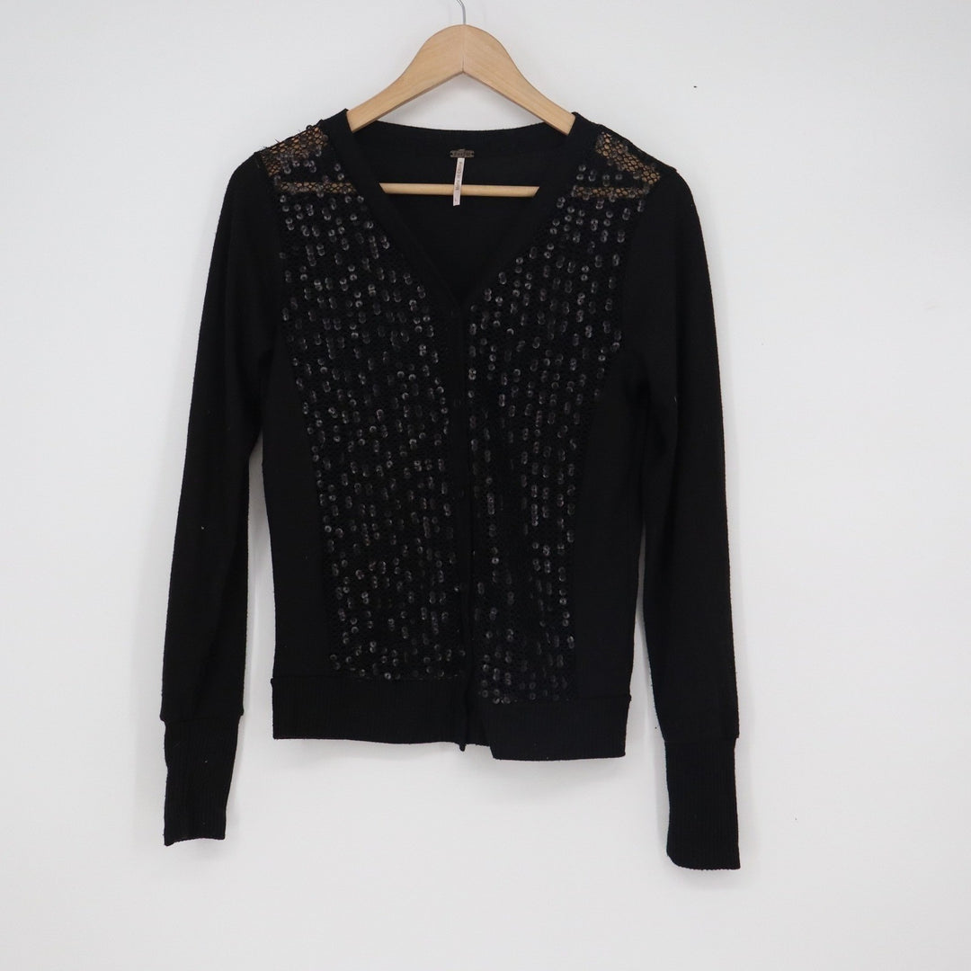 Poof Womens Black Sequin Crochet Mesh Button Front Cardigan Sweater 12725 Large