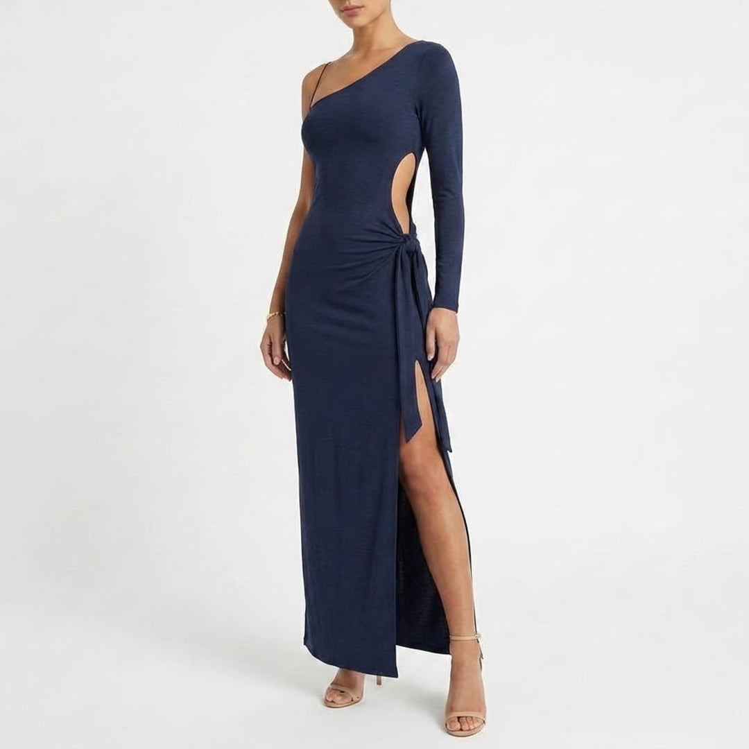 Naked Wardrobe Navy Blue One Shoulder Maxi Dress Small Side Slit Knot