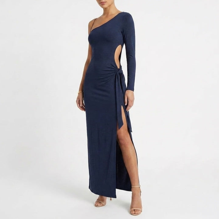 Naked Wardrobe Navy Blue One Shoulder Maxi Dress Small Side Slit Knot
