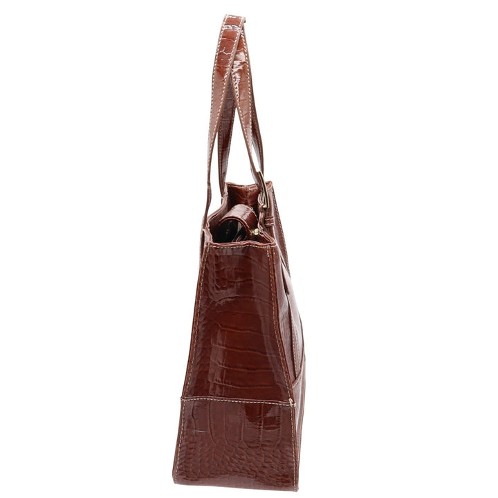 Liz Claiborne Tote Bag Women's Large Croc Embossed Brown Patent Faux Leather