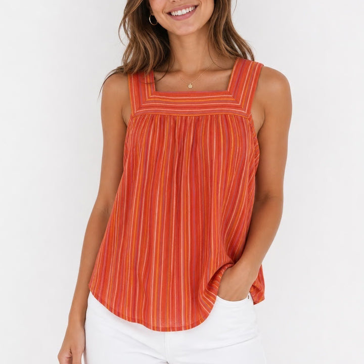 Universal Thread Orange Striped Cotton Gauze Square Neck Tank Top Small