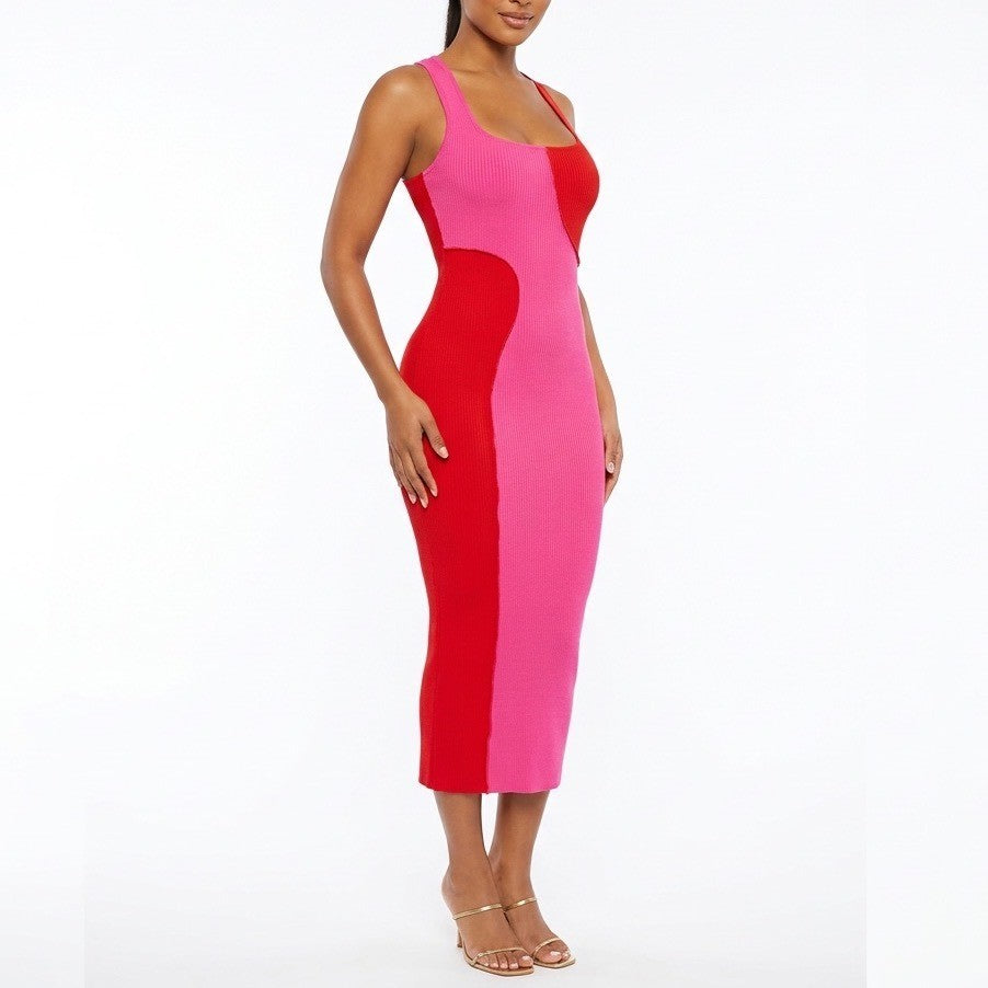 Naked Wardrobe Pink Red Colorblock Ribbed Midi Dress XS Racerback