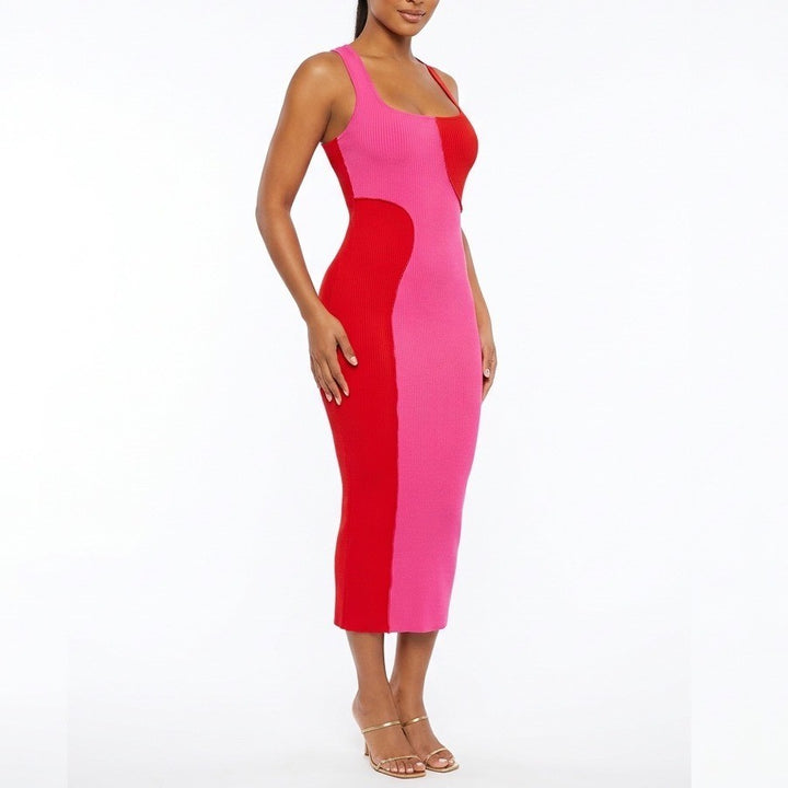 Naked Wardrobe Pink Red Colorblock Ribbed Midi Dress XS Racerback