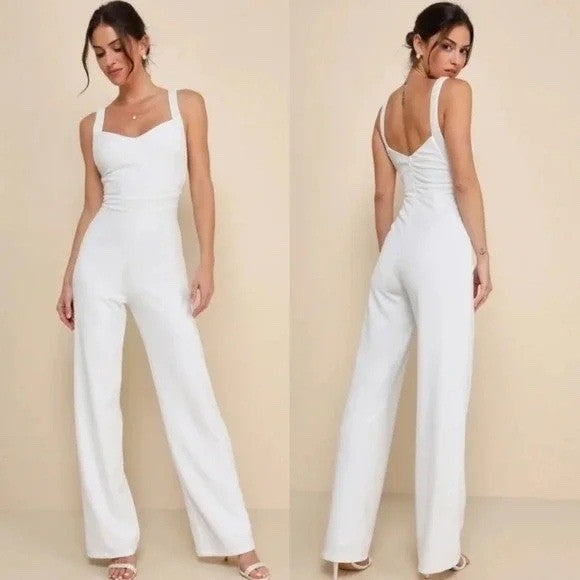 Lulus Love Aglow White Pearl Beaded Sleeveless Straight Leg Jumpsuit Size XL