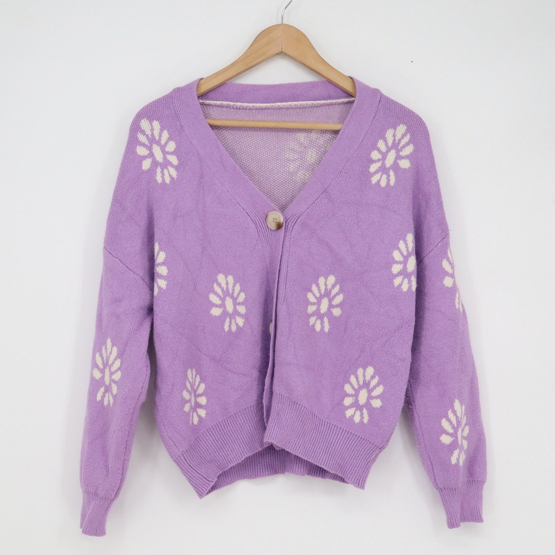 Lavender Purple Daisy Floral Knit V-Neck Single Button Cardigan Sweater Relaxed