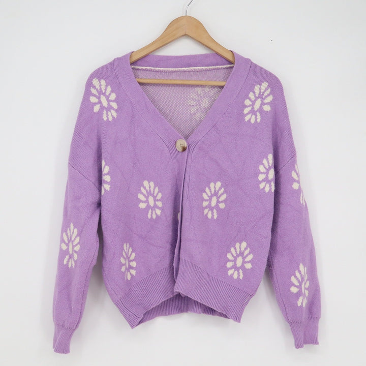 Lavender Purple Daisy Floral Knit V-Neck Single Button Cardigan Sweater Relaxed