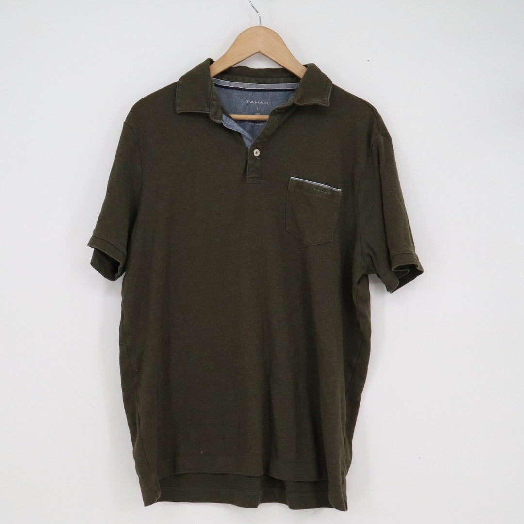 Tahari Mens Olive Green Short Sleeve Chest Pocket Polo Shirt Size Large