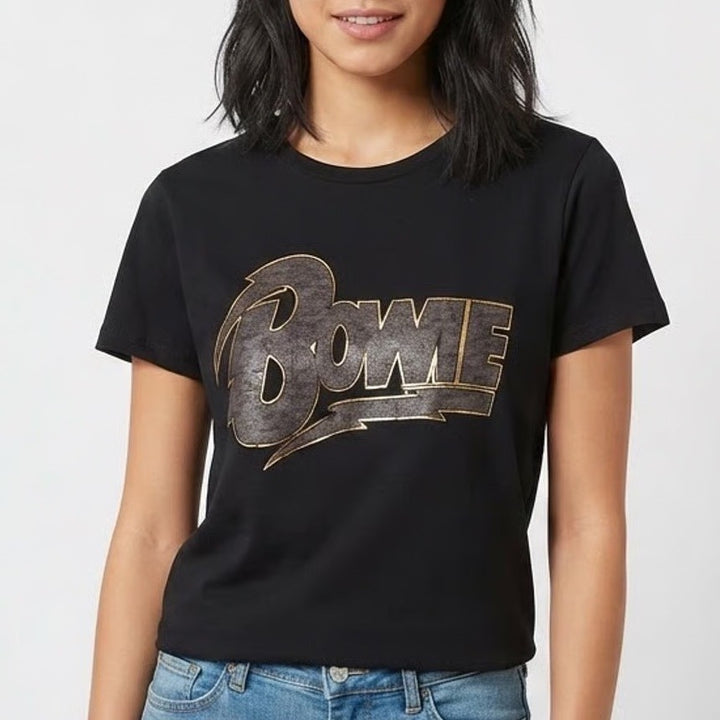 Lucky Brand David Bowie Graphic T-Shirt Black Gold Foil Logo Rock Tee Large