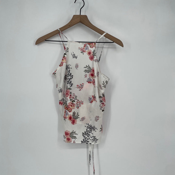 re:named Floral Halter Neck Tie Back Tank Top Women's Size L White
