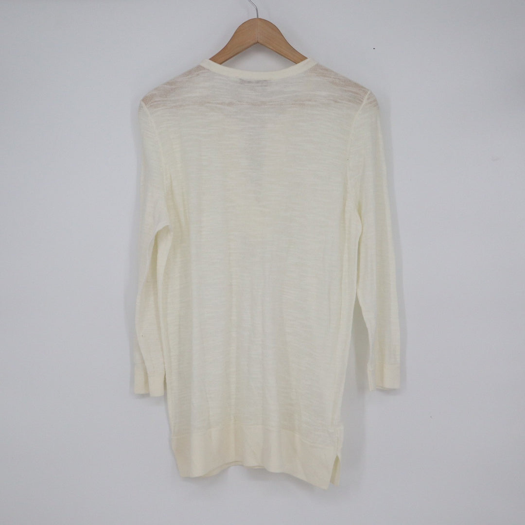 Ann Taylor LOFT Cream Cotton Slub Knit Split Tie Neck 3/4 Sleeve Sweater Large