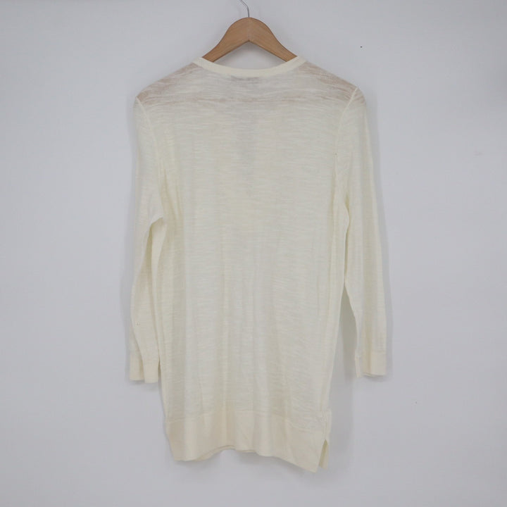 Ann Taylor LOFT Cream Cotton Slub Knit Split Tie Neck 3/4 Sleeve Sweater Large