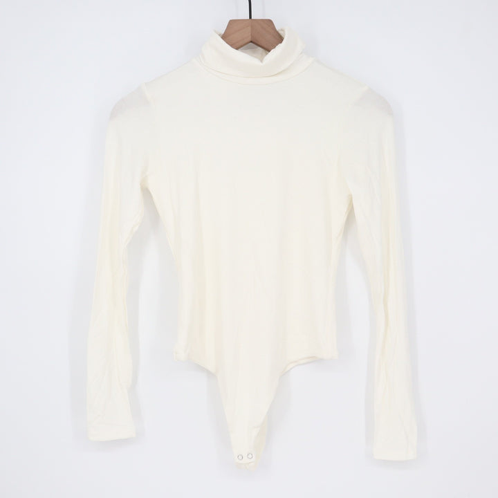 Naked Wardrobe Cream Turtleneck Long Sleeve Thong Bodysuit Small