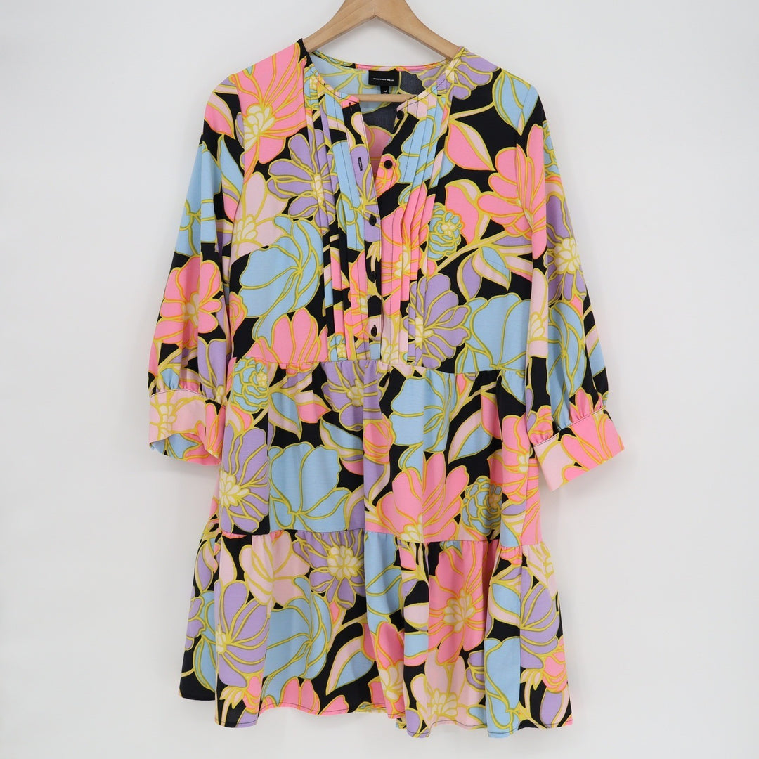 Who What Wear Floral Tiered Mini Dress Pink Blue Purple Black Long Sleeve Medium