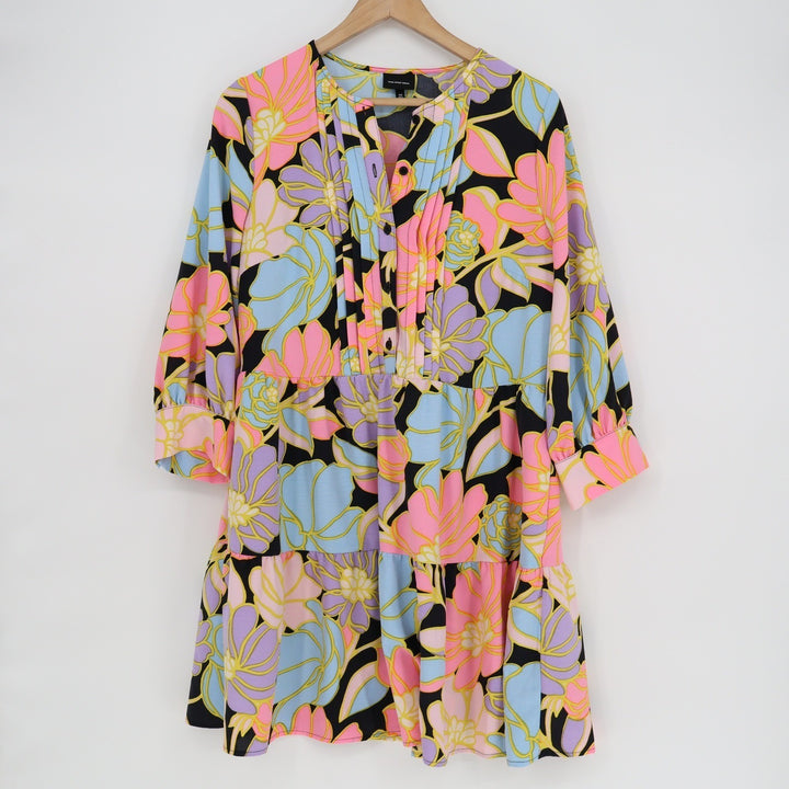 Who What Wear Floral Tiered Mini Dress Pink Blue Purple Black Long Sleeve Medium
