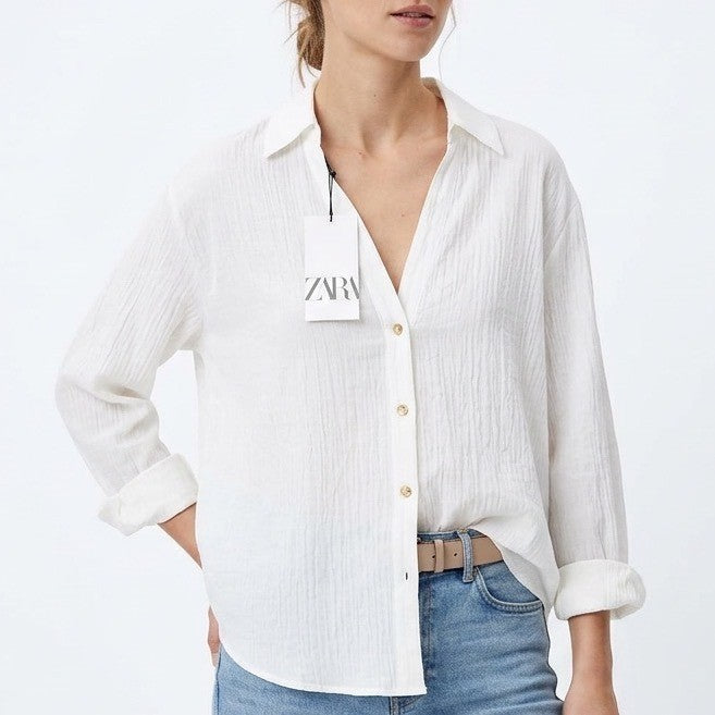 Zara Shirt Womens Small White Cotton Satin Long Sleeve Spread Collar Button Up