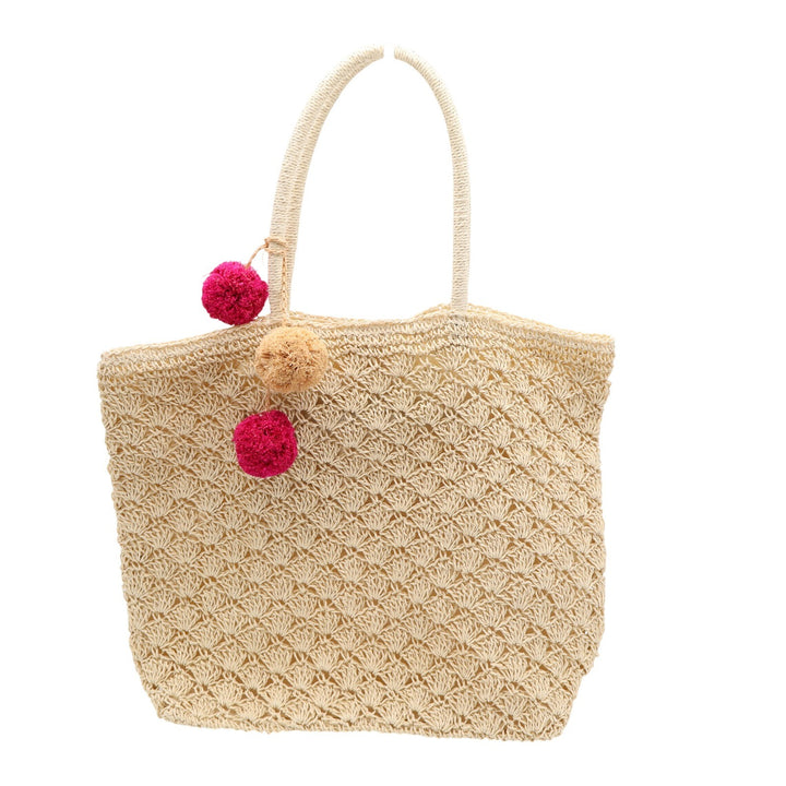 Haute Hippie Style Beige Straw Crochet Shell Tote Bag with Pom Poms Large
