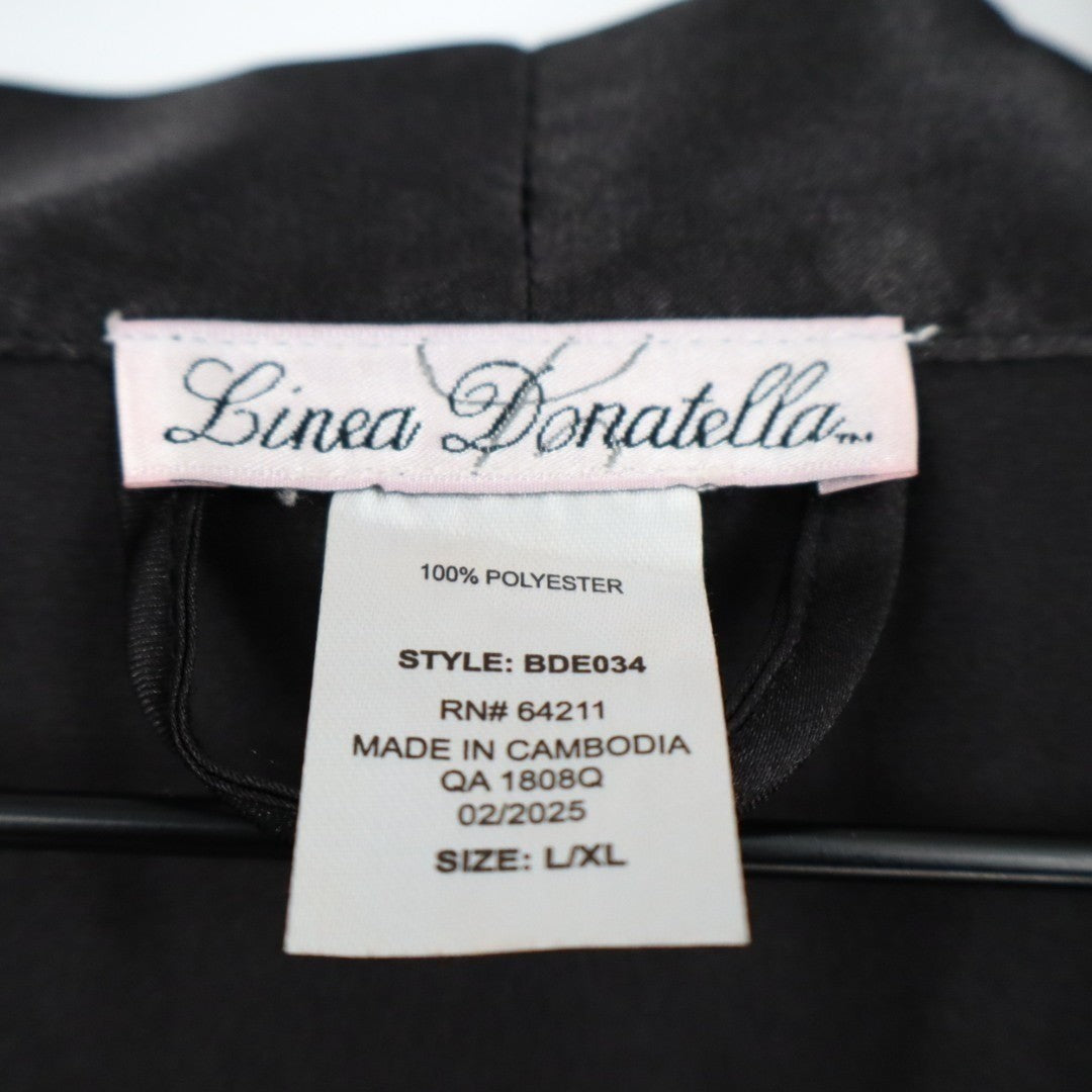 Linea Donatella Wrap Robe Lingerie Womens L/XL Black Satin 3/4 Sleeve Sleepwear