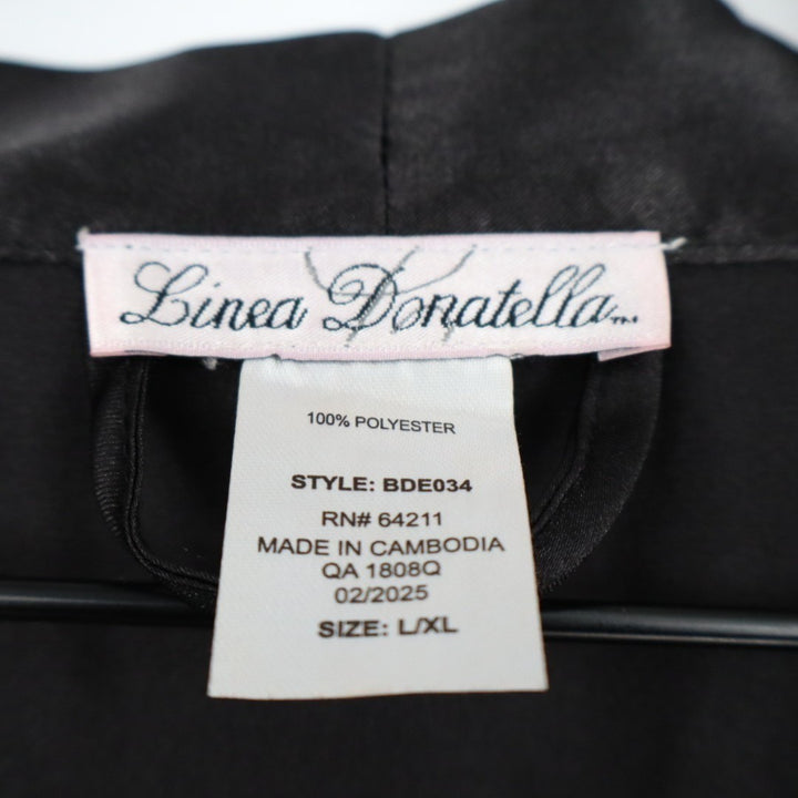 Linea Donatella Wrap Robe Lingerie Womens L/XL Black Satin 3/4 Sleeve Sleepwear