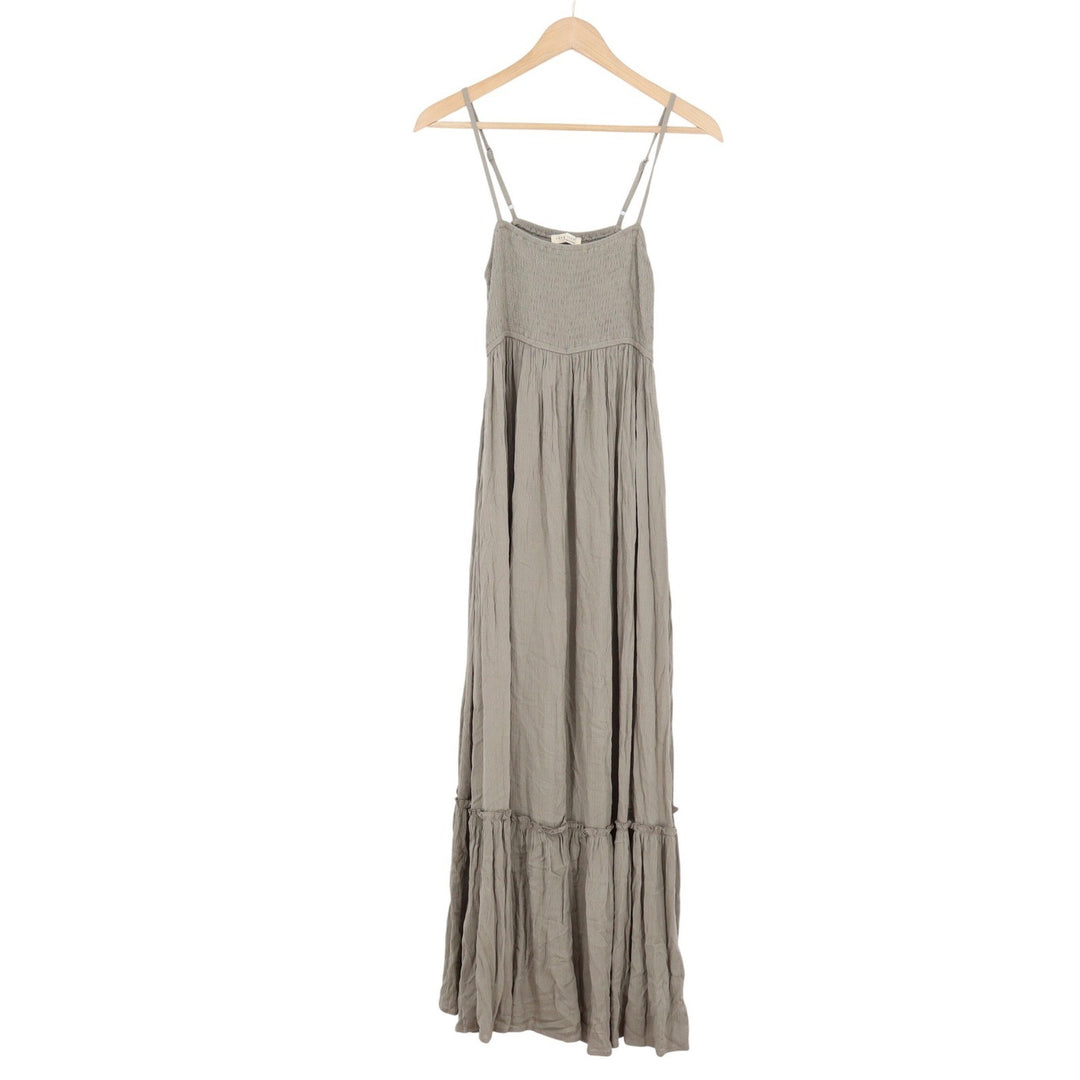 Lovestitch Smocked Tiered Maxi Dress Olive Grey Rayon Boho M