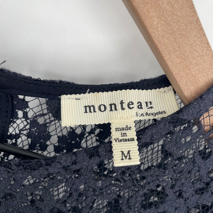 MONTEAU Black Lace 3/4 Sleeve Keyhole Neck Top Size M