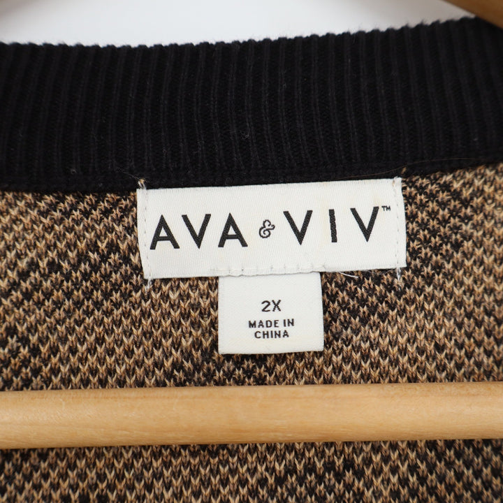 Ava & Viv Womens 2X Leopard Print Crewneck Sweater Tan Black Cotton Blend