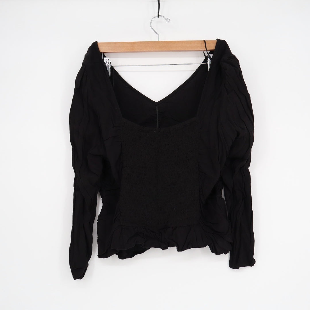 H&M Cropped Top Womens 2XL Black Ruched Long Sleeve V-Neck Backless Pullover