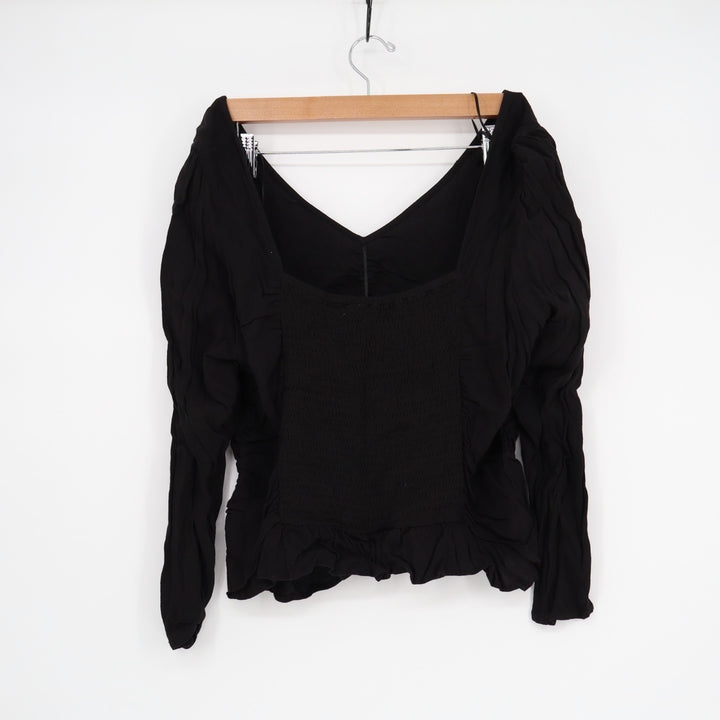 H&M Cropped Top Womens 2XL Black Ruched Long Sleeve V-Neck Backless Pullover