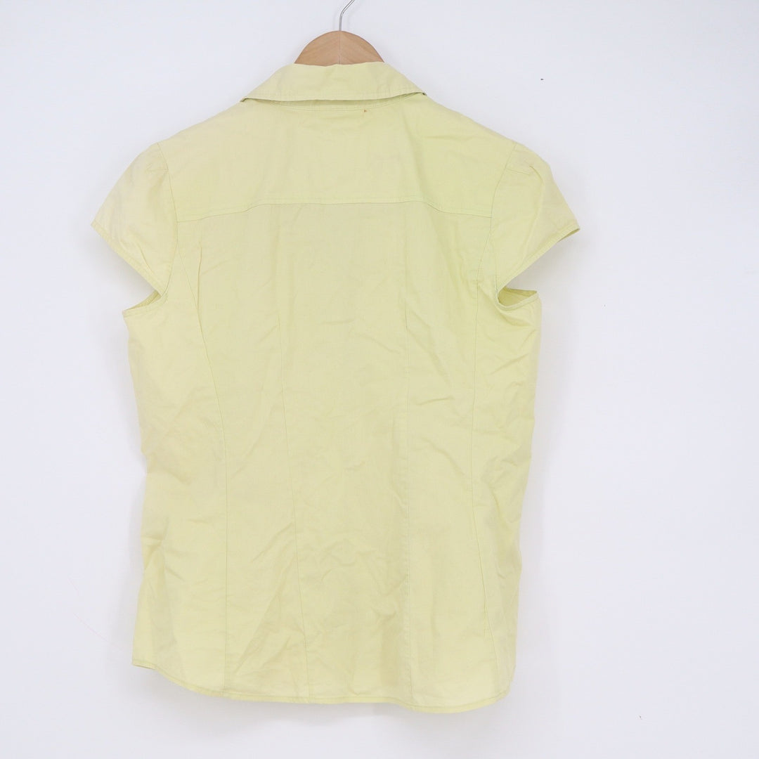 New York & Company Women Yellow Stretch Cap Sleeve Button Down Shirt Small
