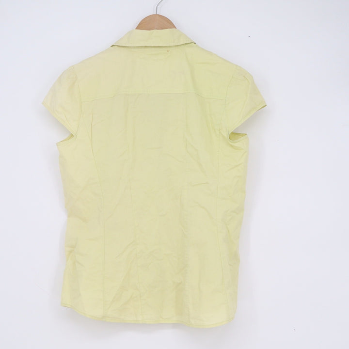 New York & Company Women Yellow Stretch Cap Sleeve Button Down Shirt Small