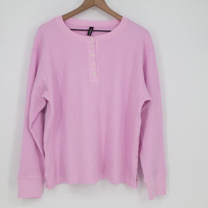 American Giant Thermal T-Shirt Womens XL Pink Cotton Stretch Waffle Henley Neck