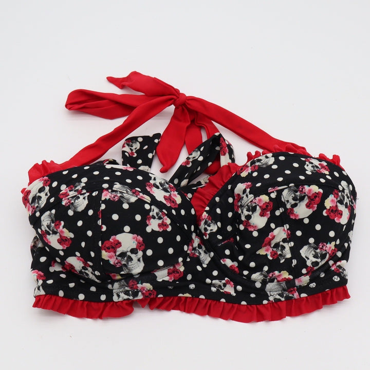 Hot Topic Bikini Top Womens M Skull Polka Dot Red Ruffle Underwire Excellent