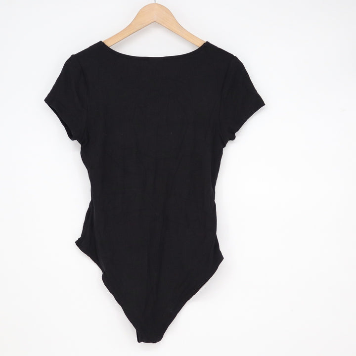 Self Esteem Black Ribbed Square Neck Short Sleeve Bodysuit XL